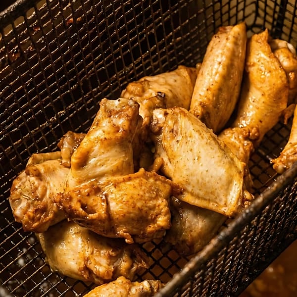 Crispy, golden-brown chicken wings and drumettes frying in a deep fryer basket.
