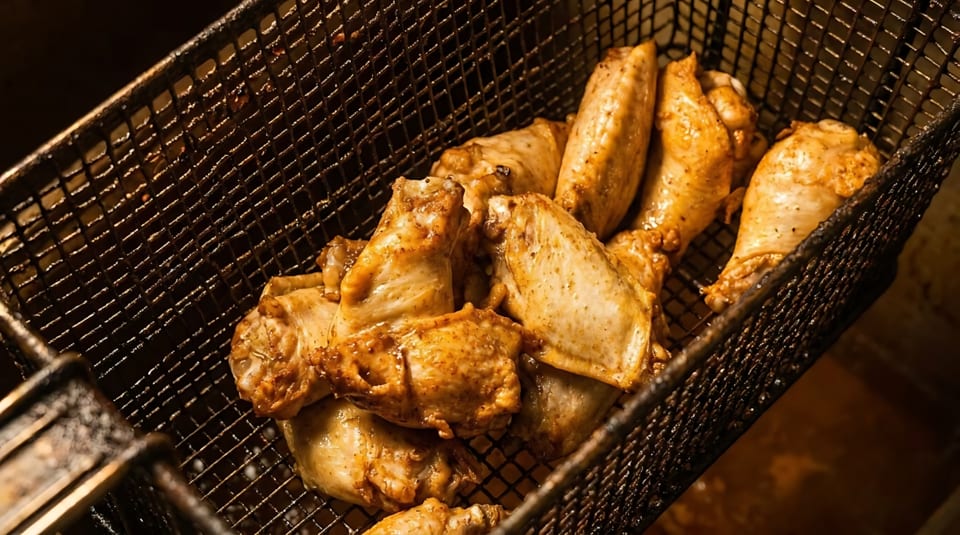 Crispy, golden-brown chicken wings and drumettes frying in a deep fryer basket.